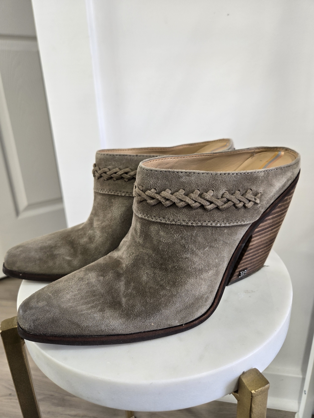 Sam Edelman Taupe Suede Braided Mule Heels